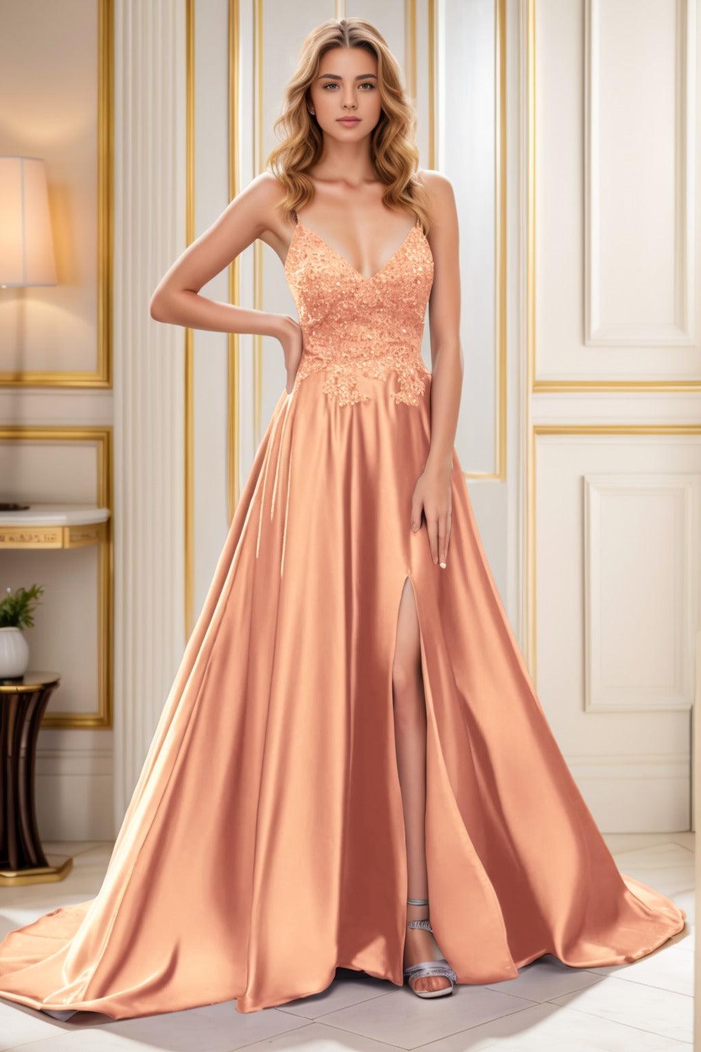 A-Line Court Train Satin Prom Dress CS0460 - COCOMELODY