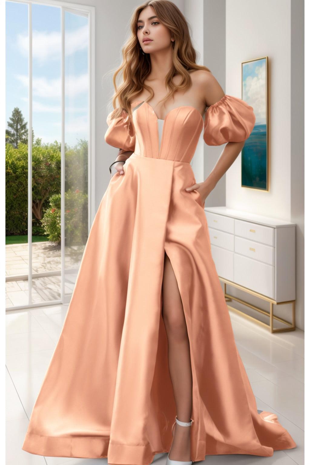 A-Line Sweep-Brush Train Satin Prom Dress CS0448 - COCOMELODY