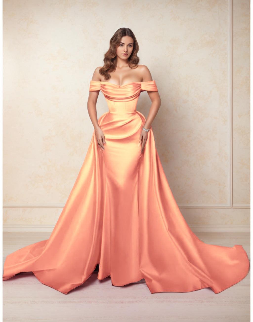 A-Line Chapel Train Satin Prom Dress CS0416 - COCOMELODY