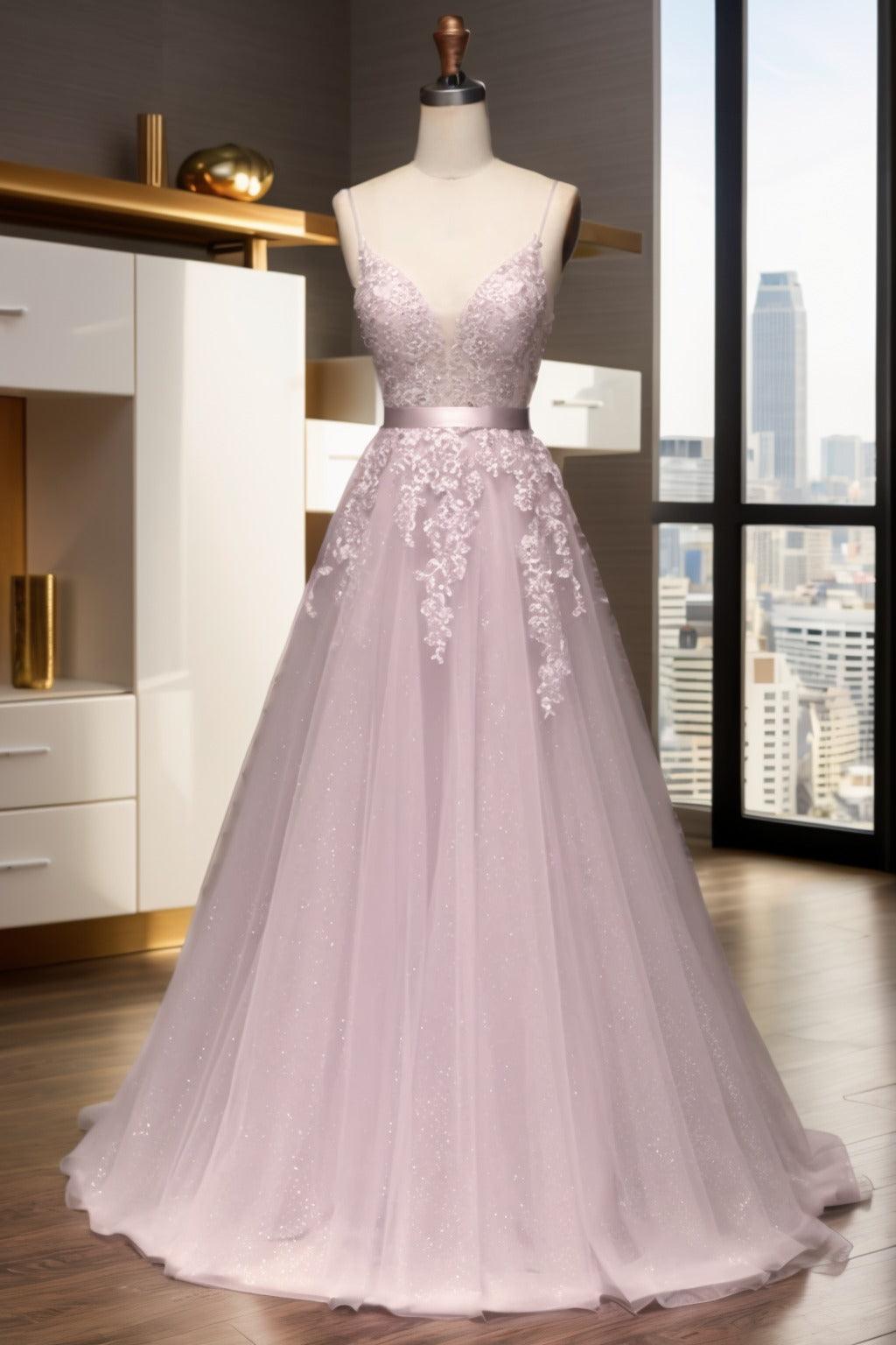 A-Line Sweep-Brush Train Tulle Prom Dress CS0464 - COCOMELODY