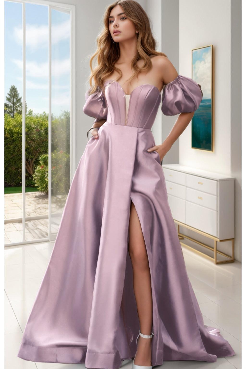 A-Line Sweep-Brush Train Satin Prom Dress CS0448 - COCOMELODY