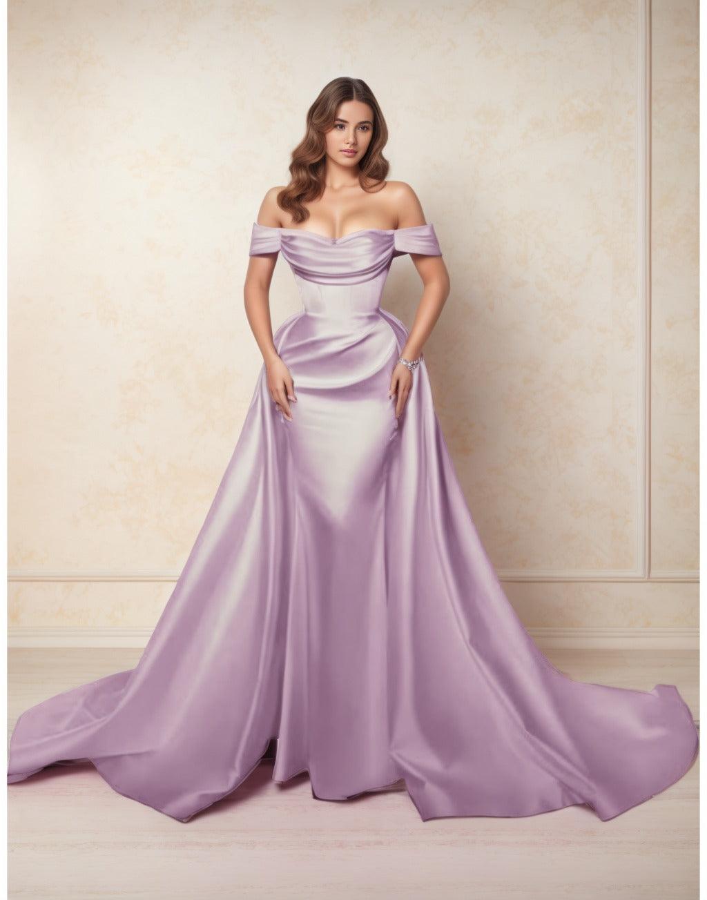 A-Line Chapel Train Satin Prom Dress CS0416 - COCOMELODY