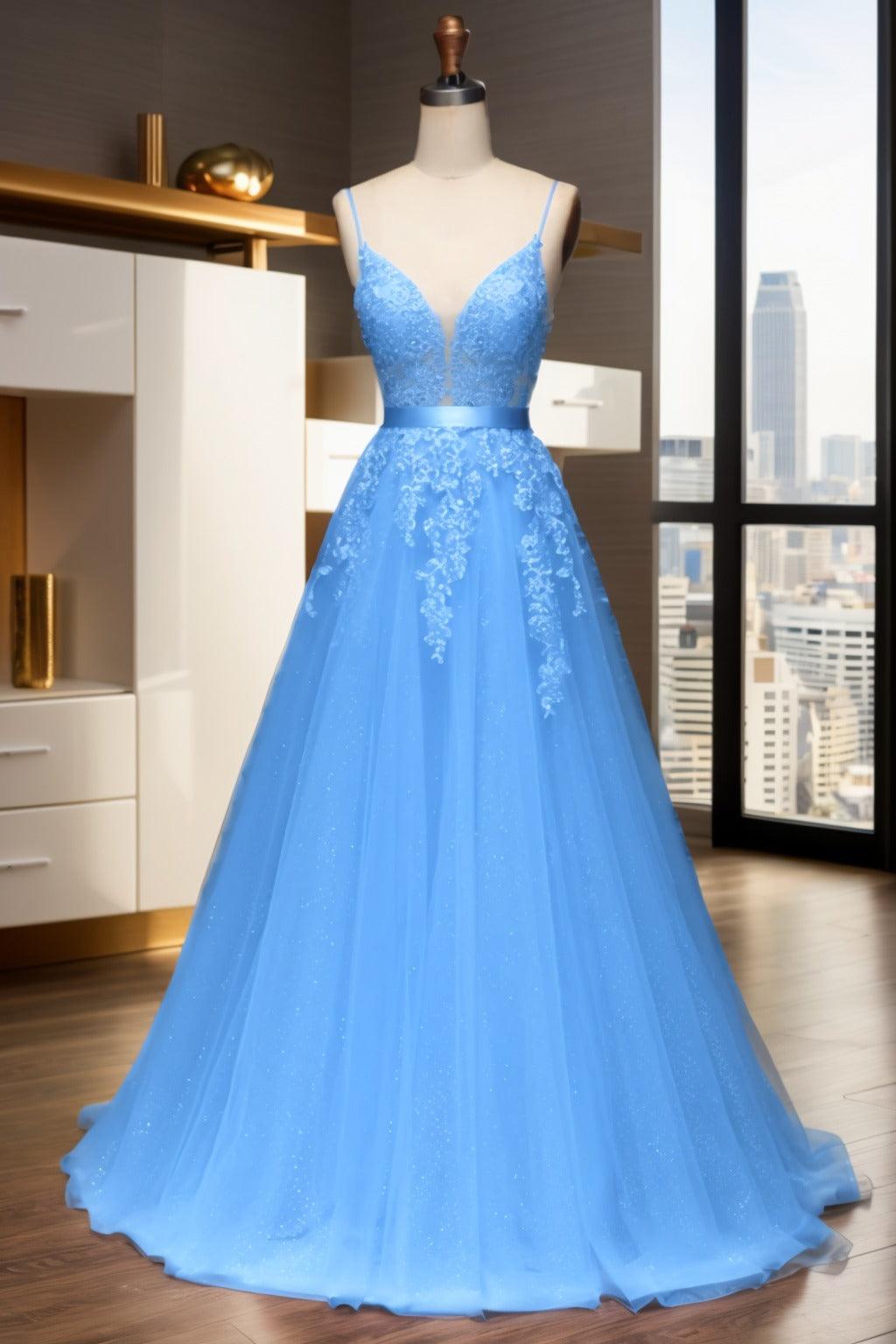 A-Line Sweep-Brush Train Tulle Prom Dress CS0464 - COCOMELODY