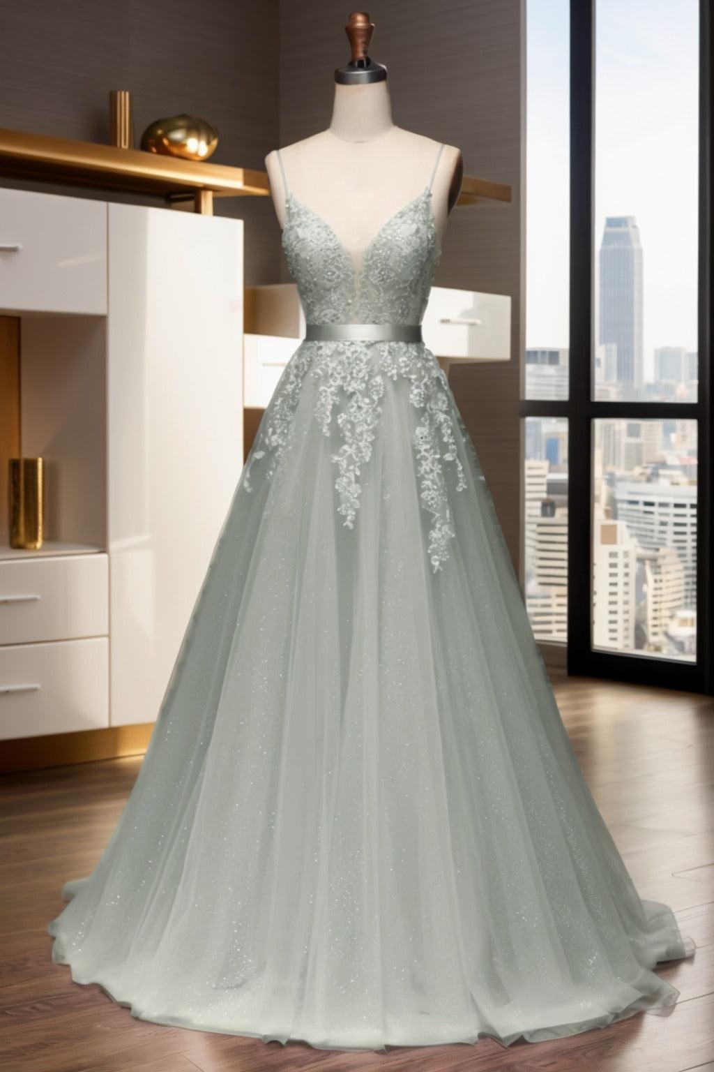 A-Line Sweep-Brush Train Tulle Prom Dress CS0464 - COCOMELODY