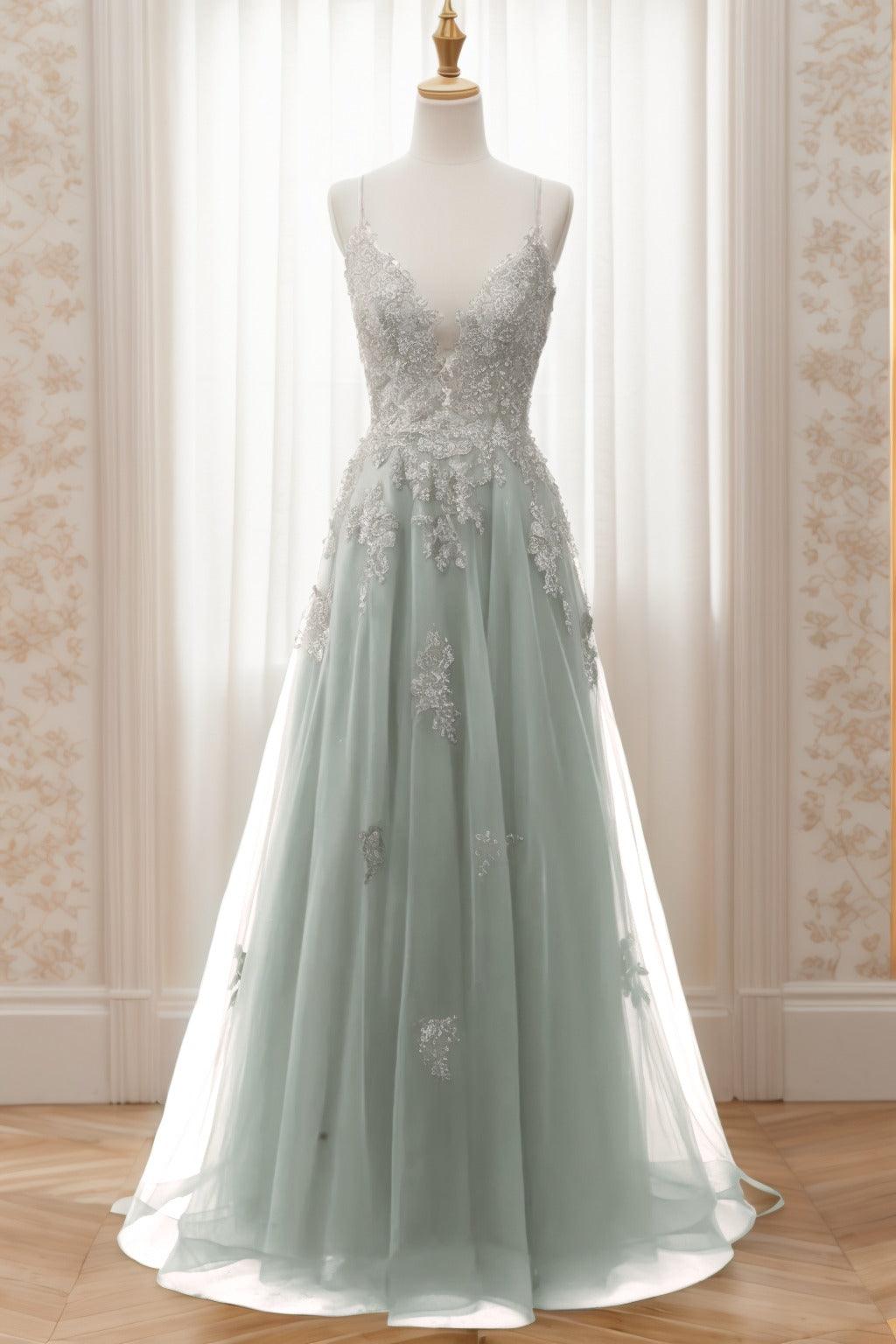 A-Line Sweep-Brush Train Tulle Prom Dress CS0463 - COCOMELODY