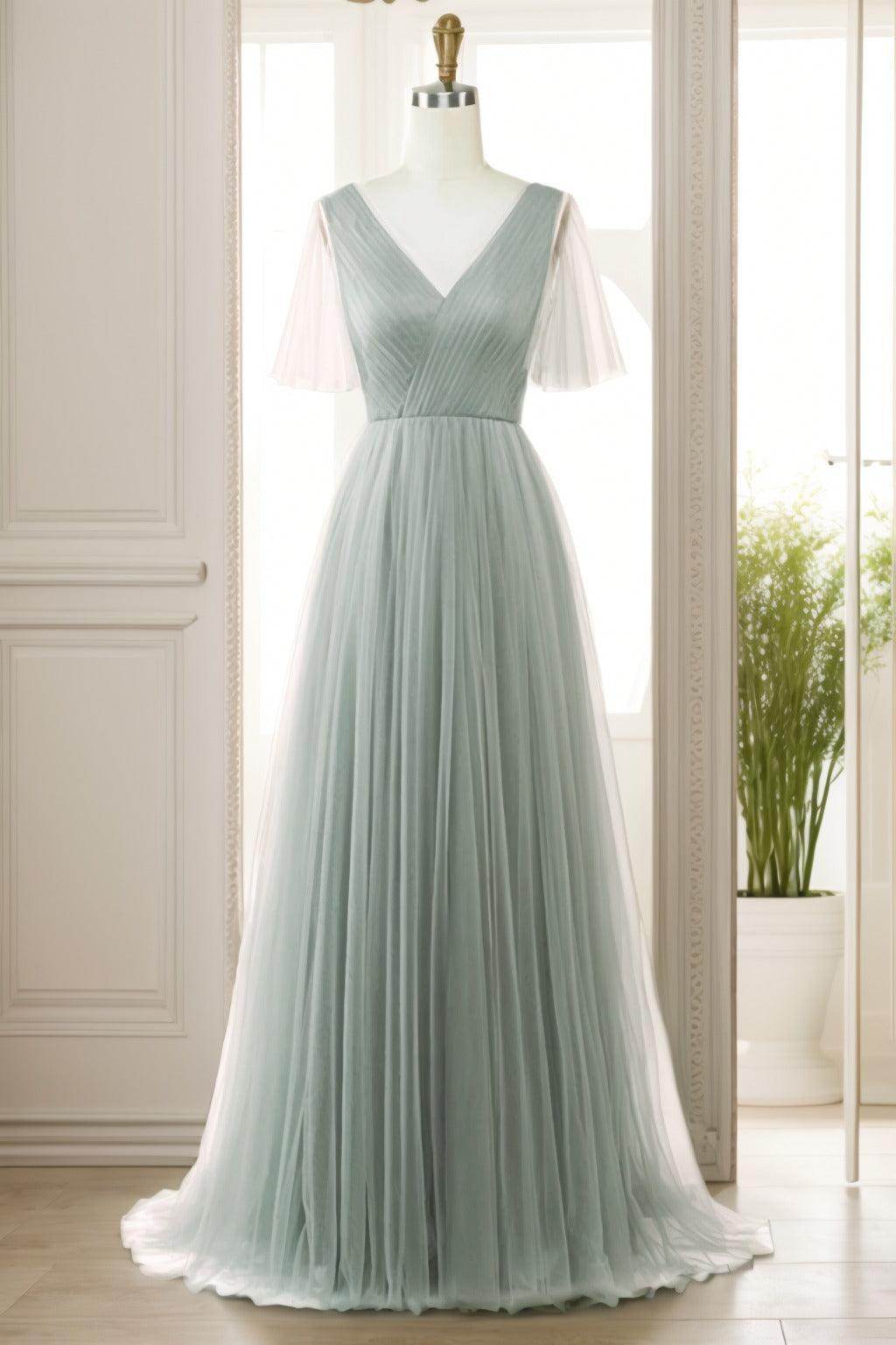 A-Line Sweep-Brush Train Tulle Prom Dress CS0472 - COCOMELODY