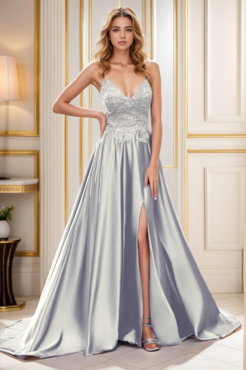 A-Line Court Train Satin Prom Dress CS0460 - COCOMELODY