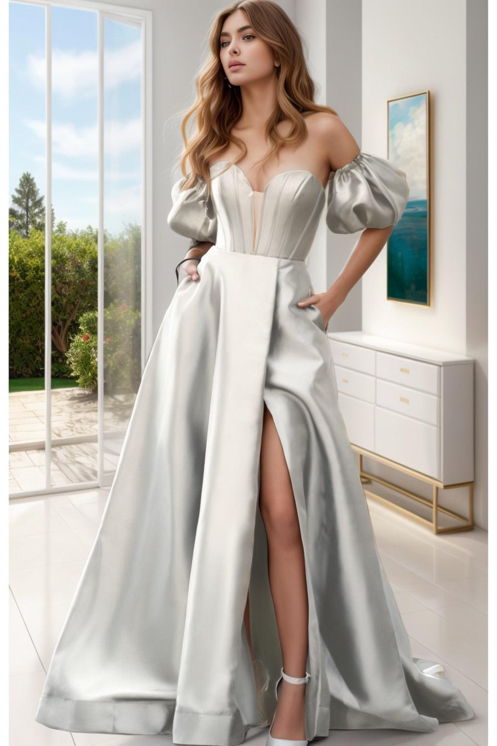 A-Line Sweep-Brush Train Satin Prom Dress CS0448 - COCOMELODY