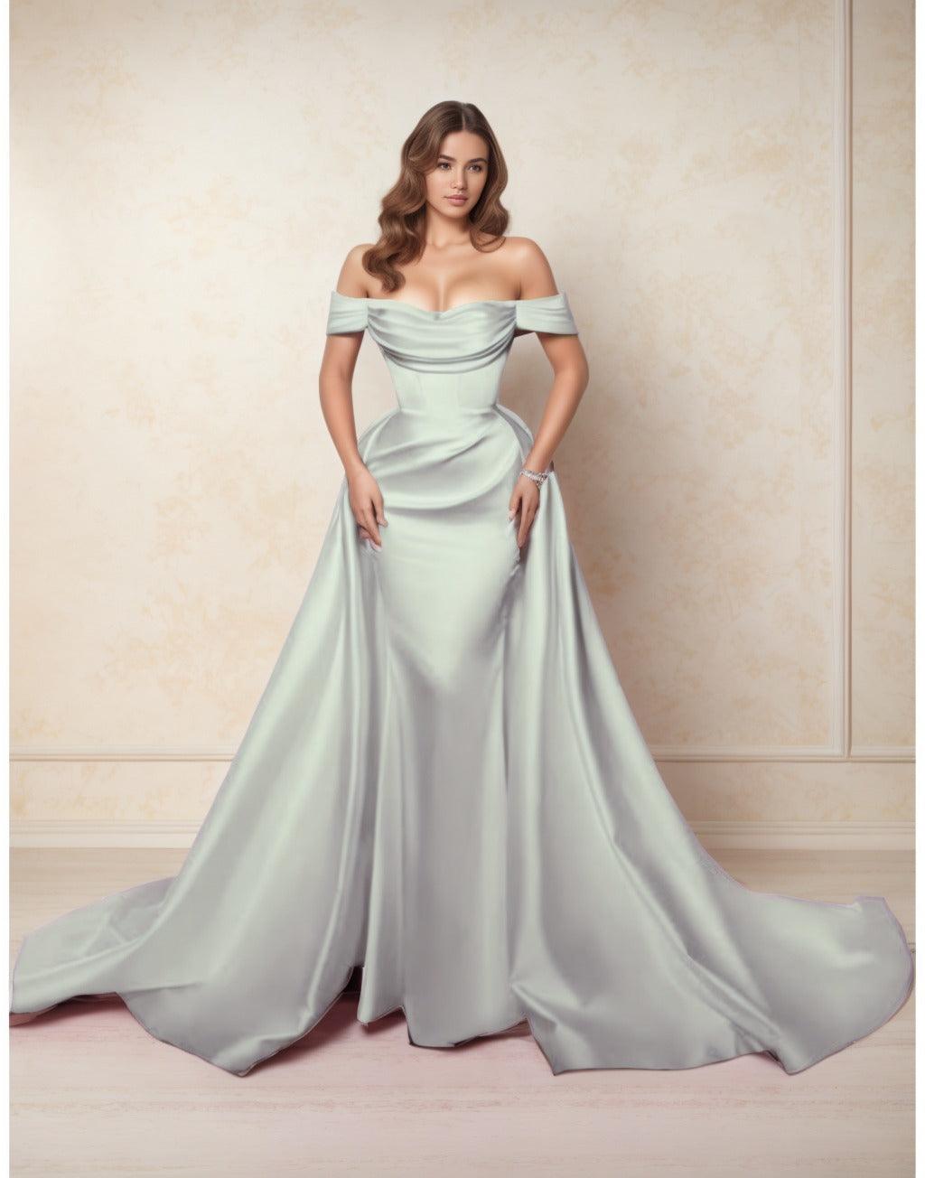 A-Line Chapel Train Satin Prom Dress CS0416 - COCOMELODY