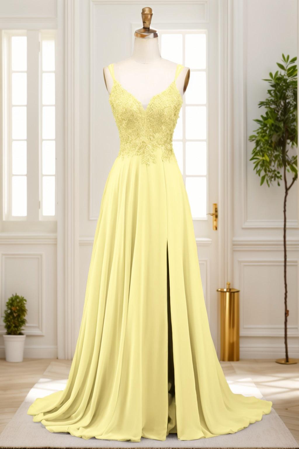 A-Line Sweep-Brush Train Chiffon Prom Dress CS0470 - COCOMELODY