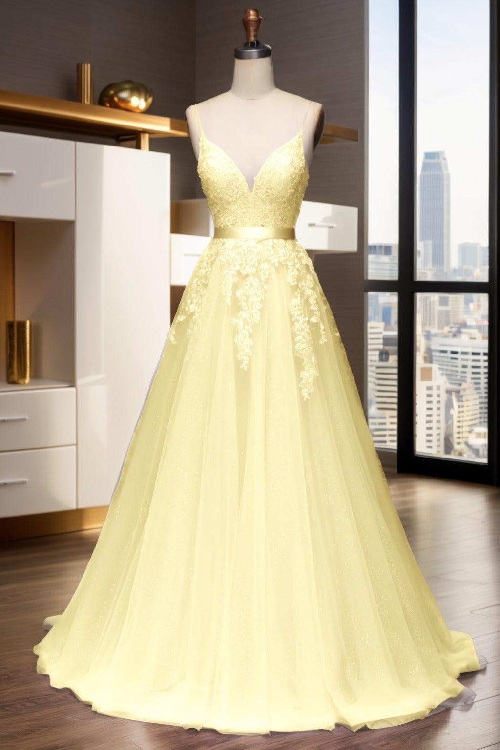 A-Line Sweep-Brush Train Tulle Prom Dress CS0464 - COCOMELODY