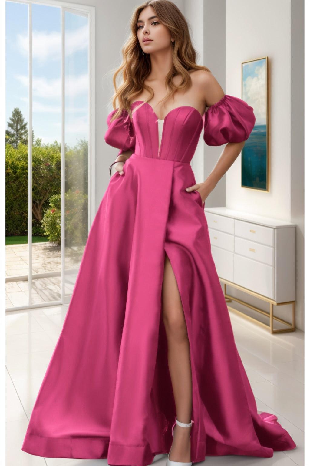 A-Line Sweep-Brush Train Satin Prom Dress CS0448 - COCOMELODY