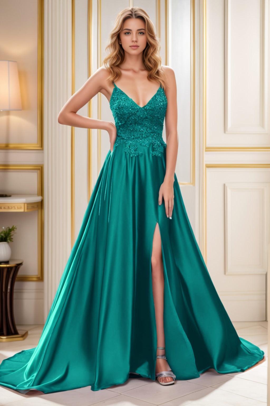 A-Line Court Train Satin Prom Dress CS0460 - COCOMELODY