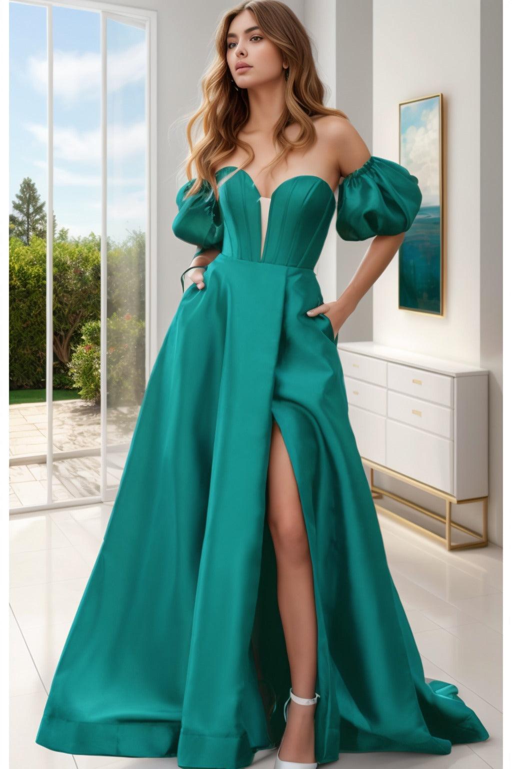 A-Line Sweep-Brush Train Satin Prom Dress CS0448 - COCOMELODY
