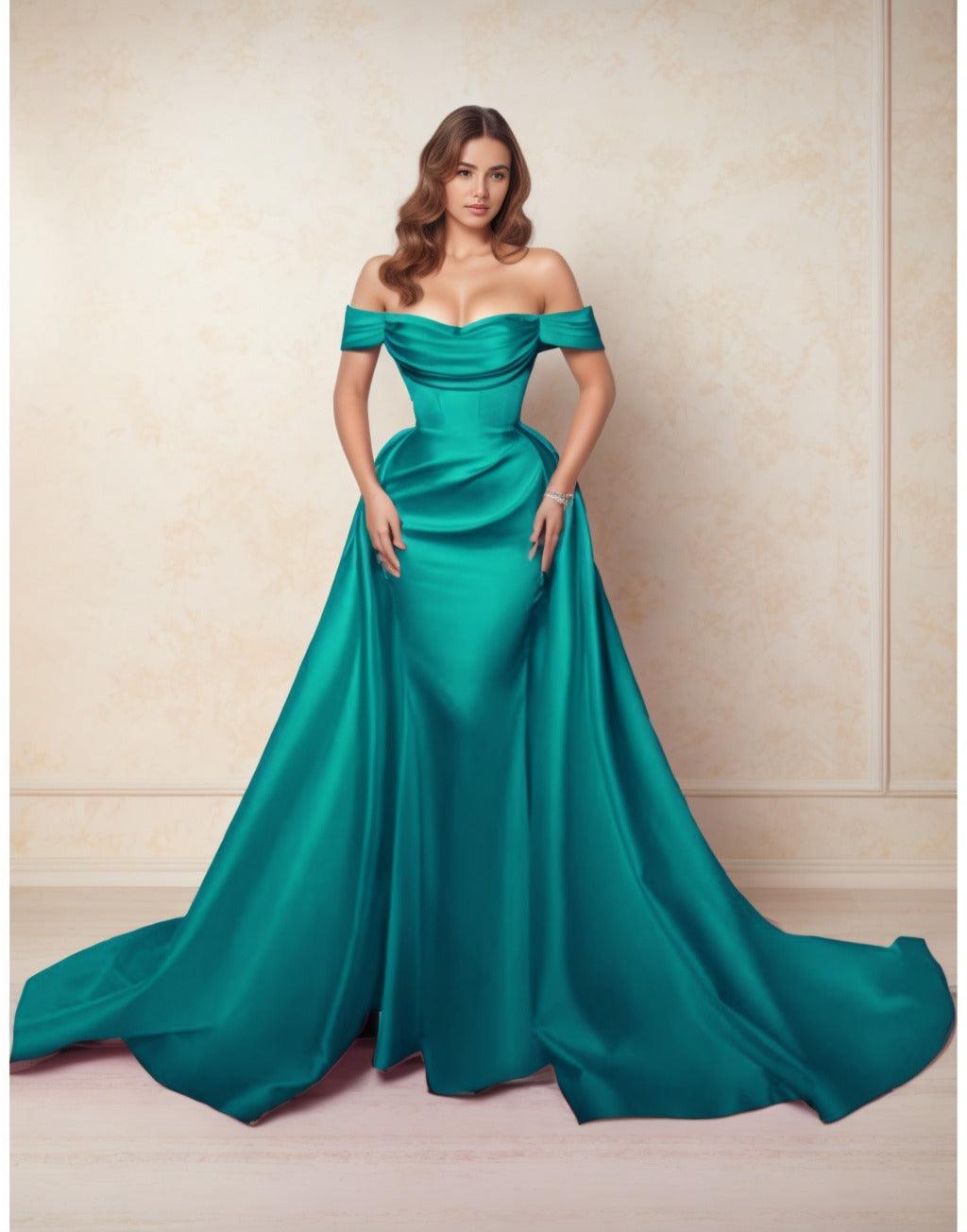 A-Line Chapel Train Satin Prom Dress CS0416 - COCOMELODY