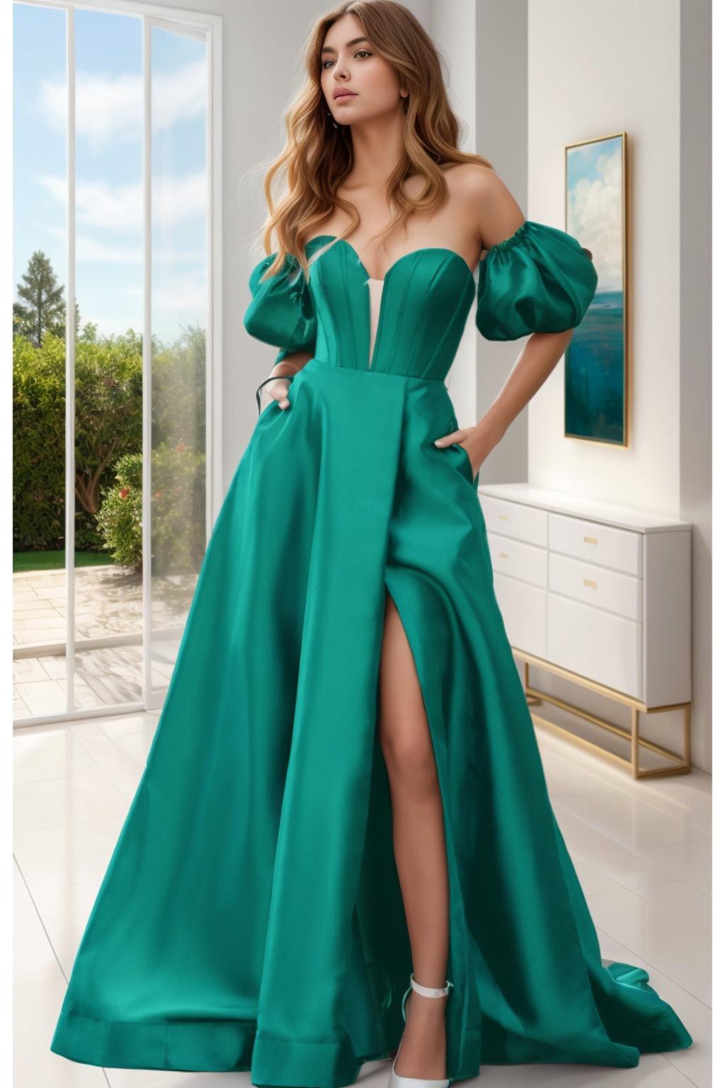 A-Line Sweep-Brush Train Satin Prom Dress CS0448 - COCOMELODY