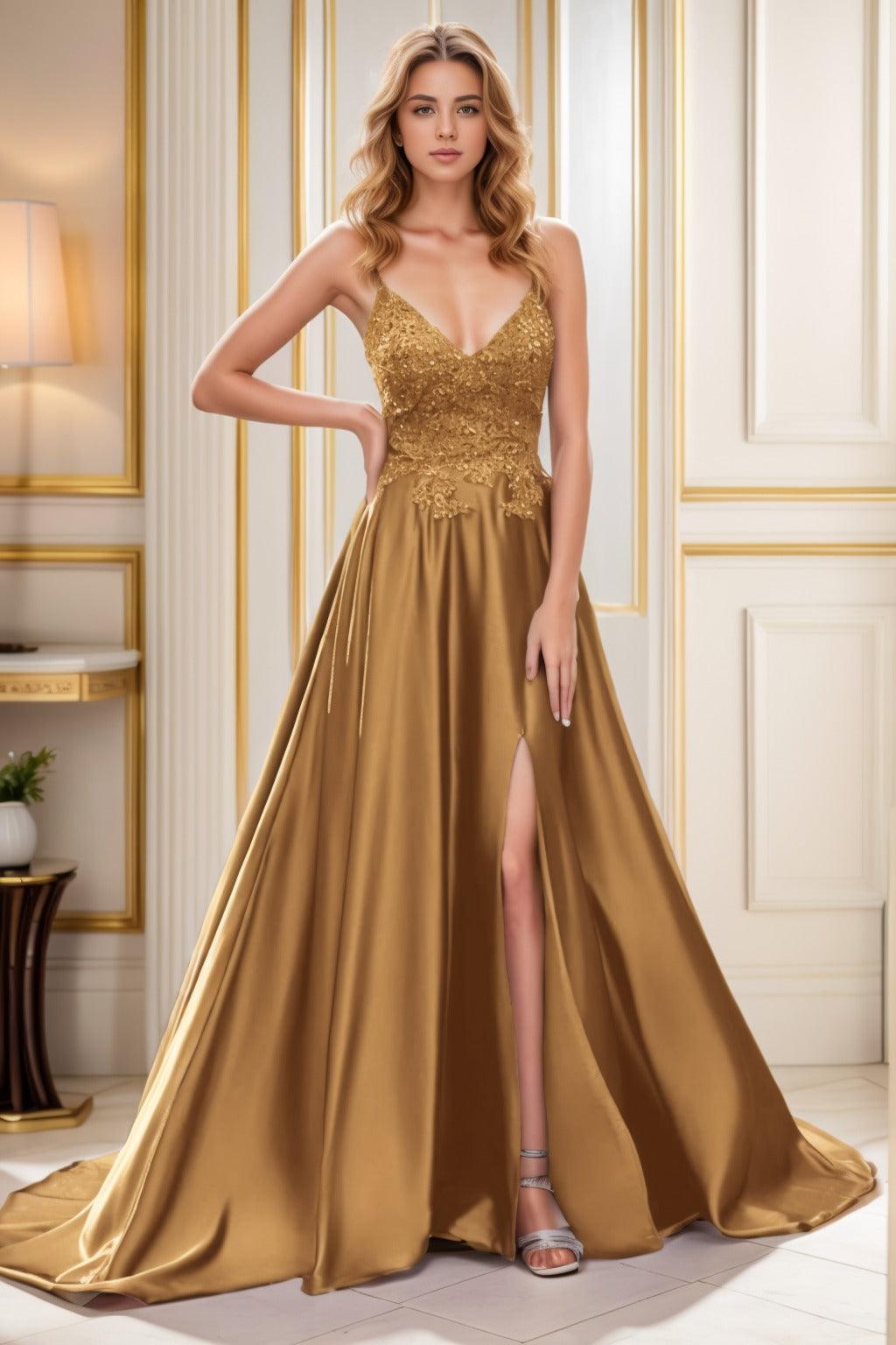 A-Line Court Train Satin Prom Dress CS0460 - COCOMELODY