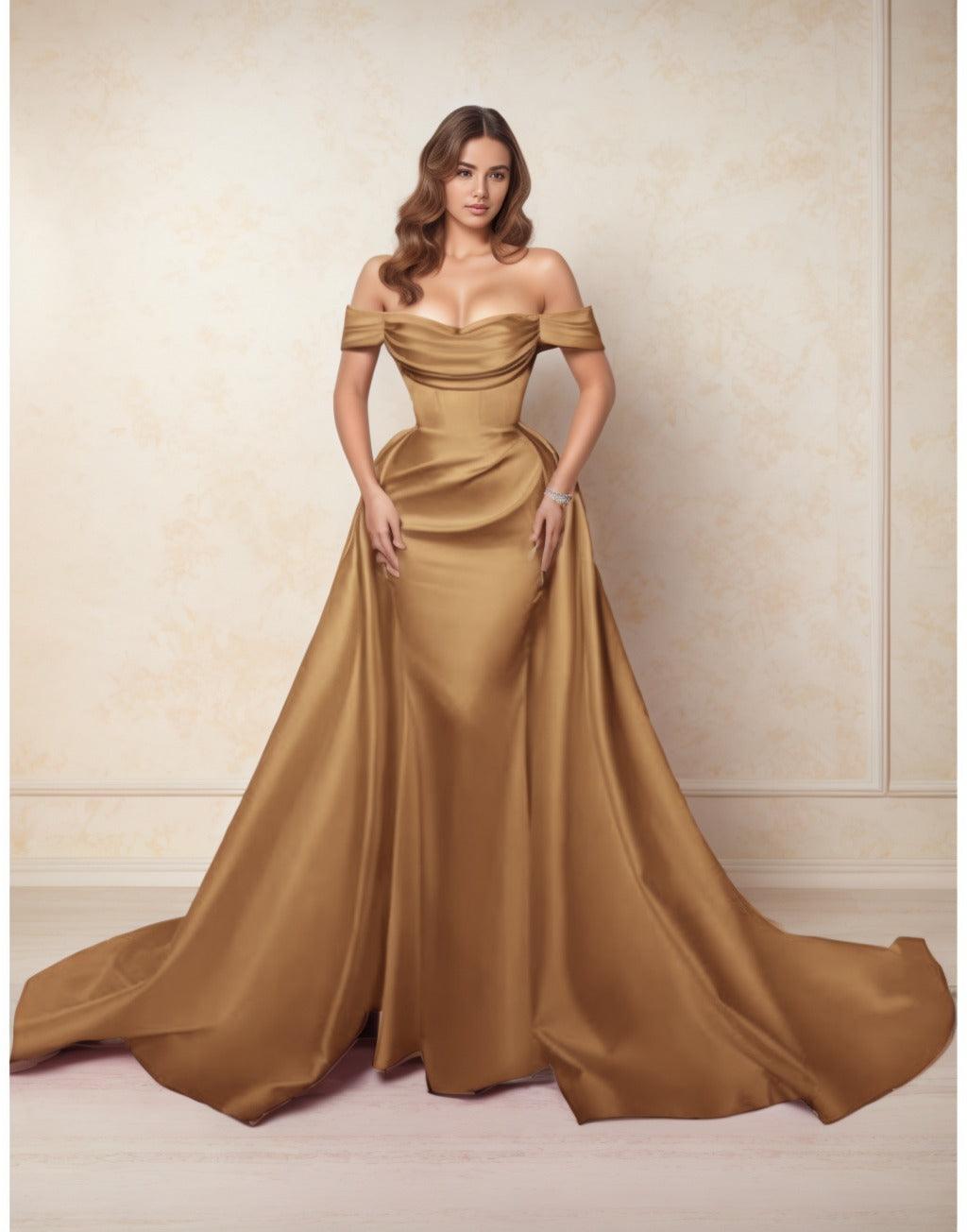 A-Line Chapel Train Satin Prom Dress CS0416 - COCOMELODY