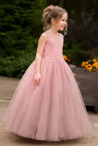 Satin Sleeveless Round Neck V-Back Bow Floor Length Flower Girl Dresses 772100832769