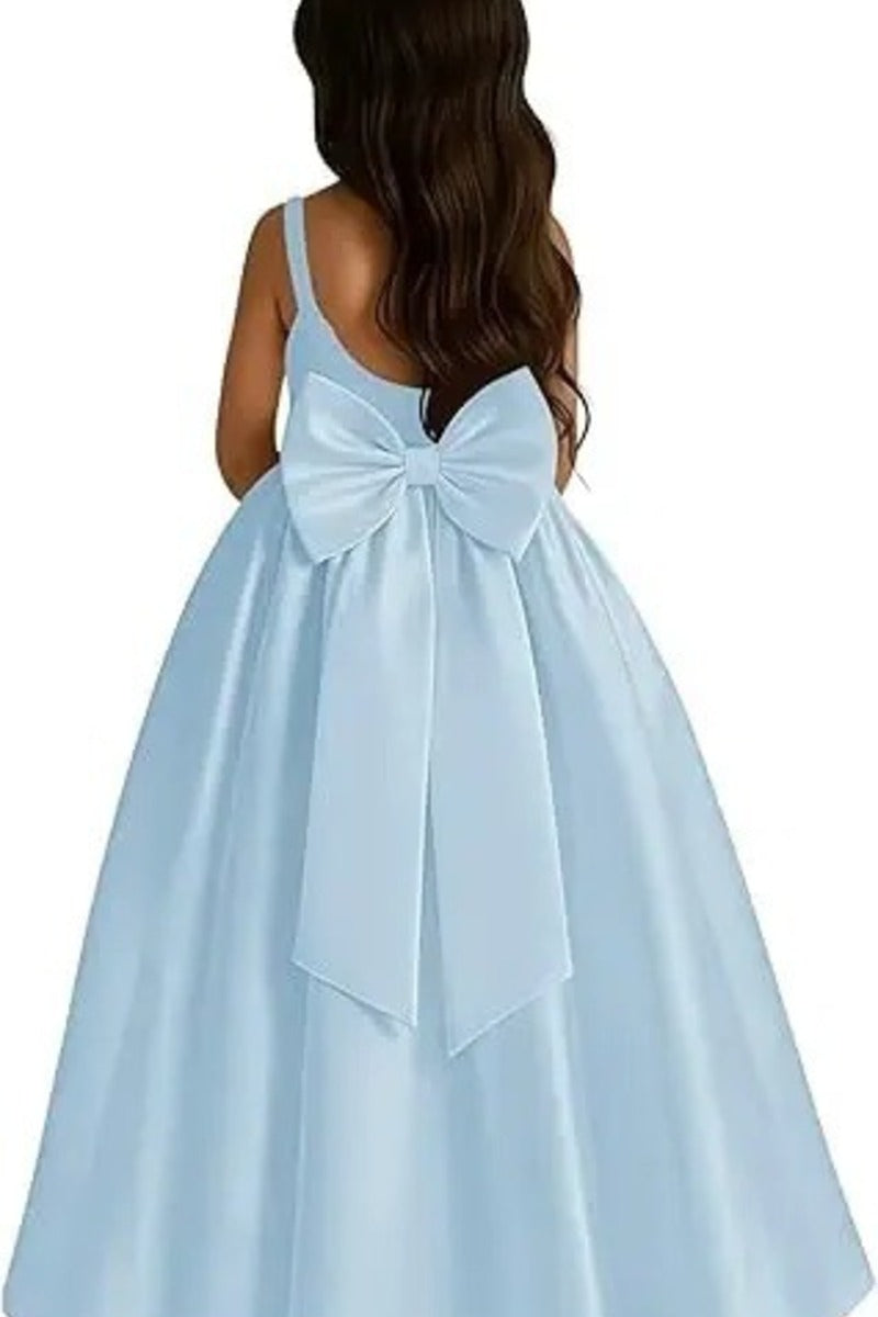 A-Line Scoop Neck Thin Strap Satin Gown Back Bow Flower Girl Dresses 1059110372999