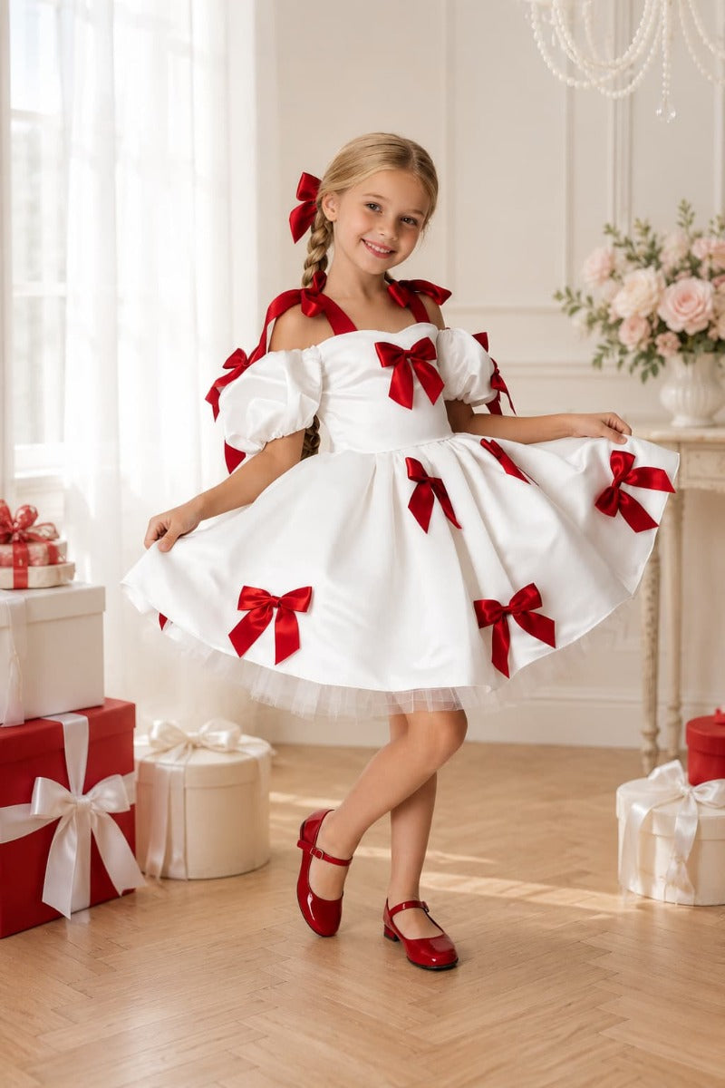 Sweet Satin Cold Shoulder Puff Sleeves Bow Details Flower Girl Dresses 994215152061