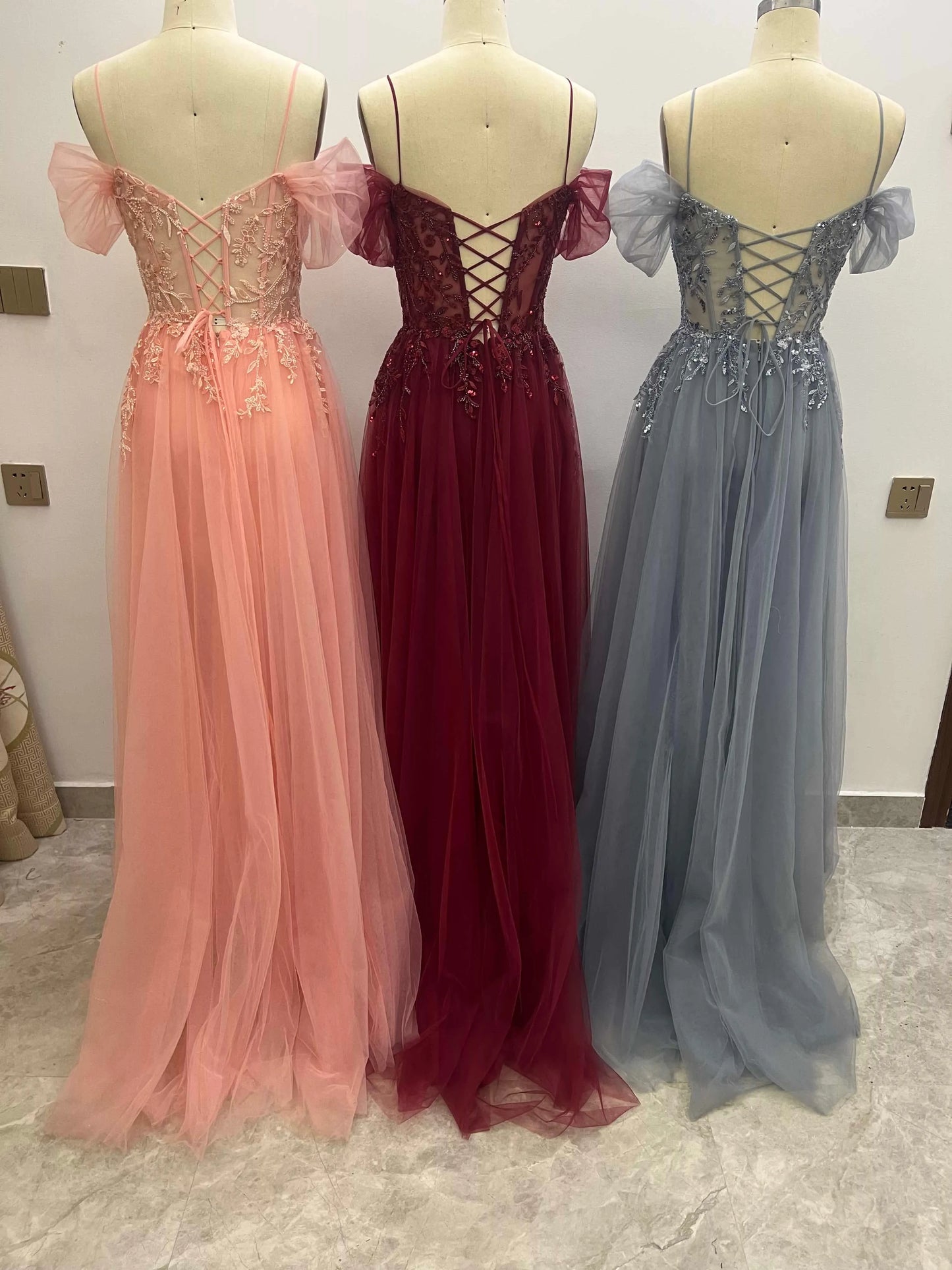 Off Shoulder Applique A-Line Tulle Prom Dresses CS0924
