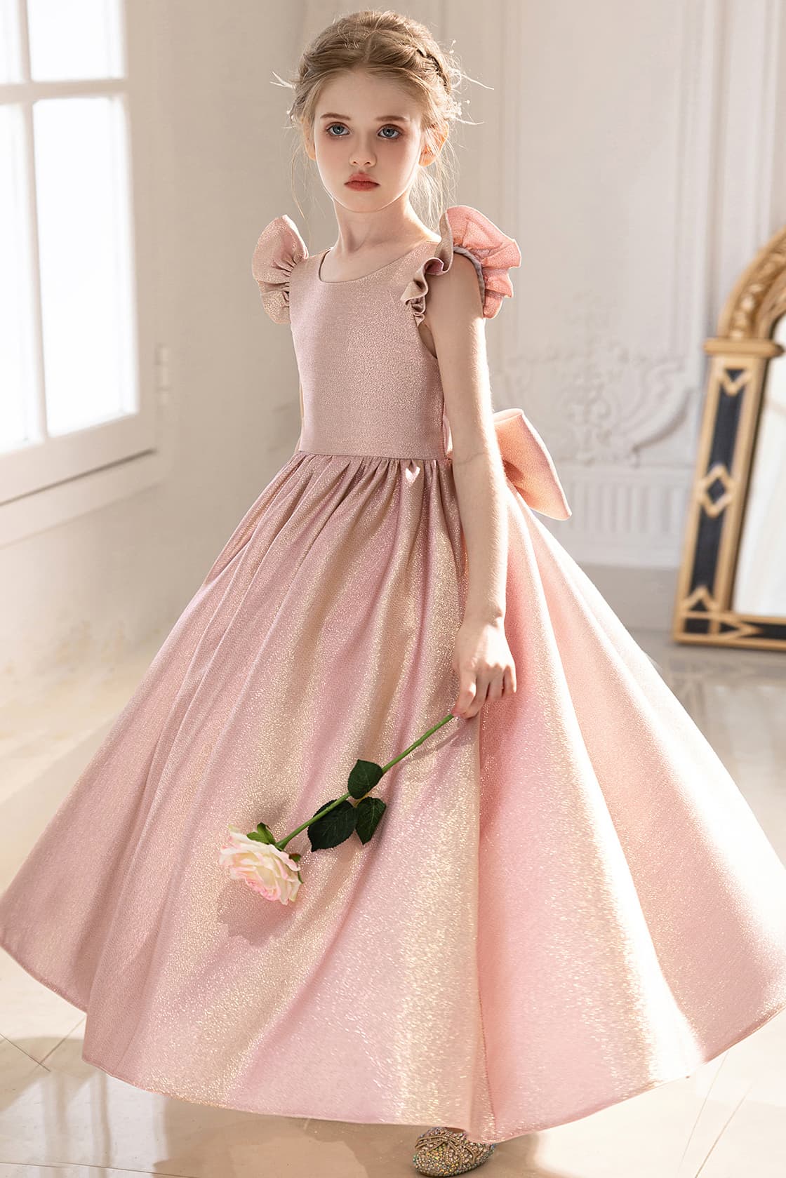 Glitter Fabric Gown Ruffle Sleeves Bow Floor Length Flower Girl Dresses 916560252784