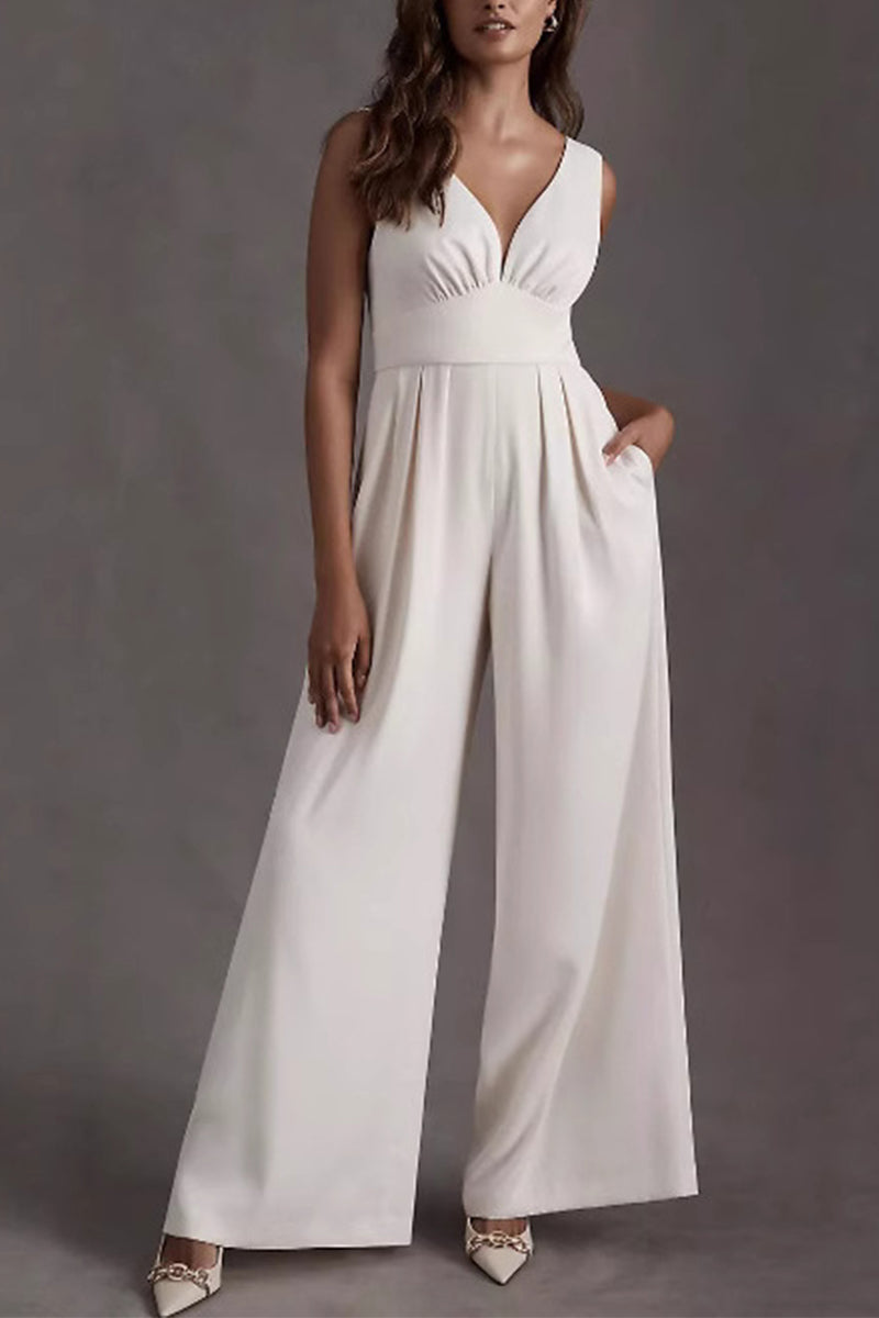 V-Neck Floor Length Chiffon Wedding Jumpsuit 916220687859