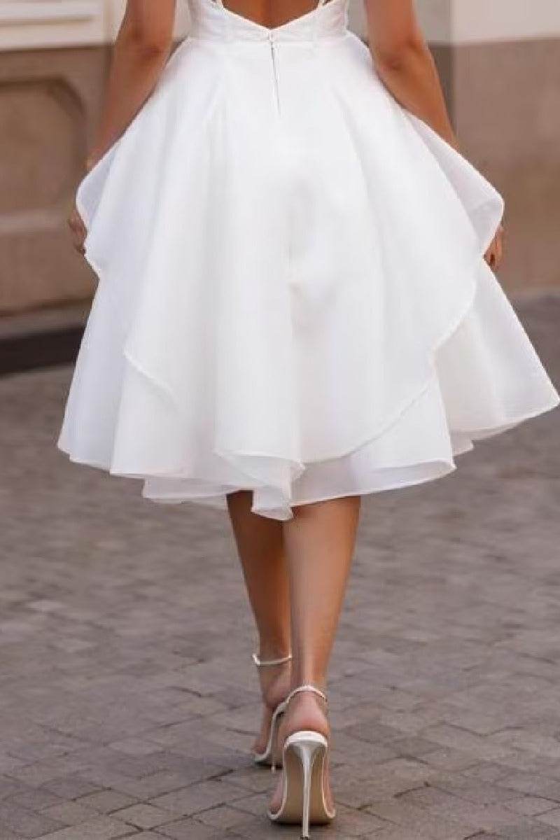 A-Line Tea Length Organza Satin Little White Dress 100015 - COCOMELODY