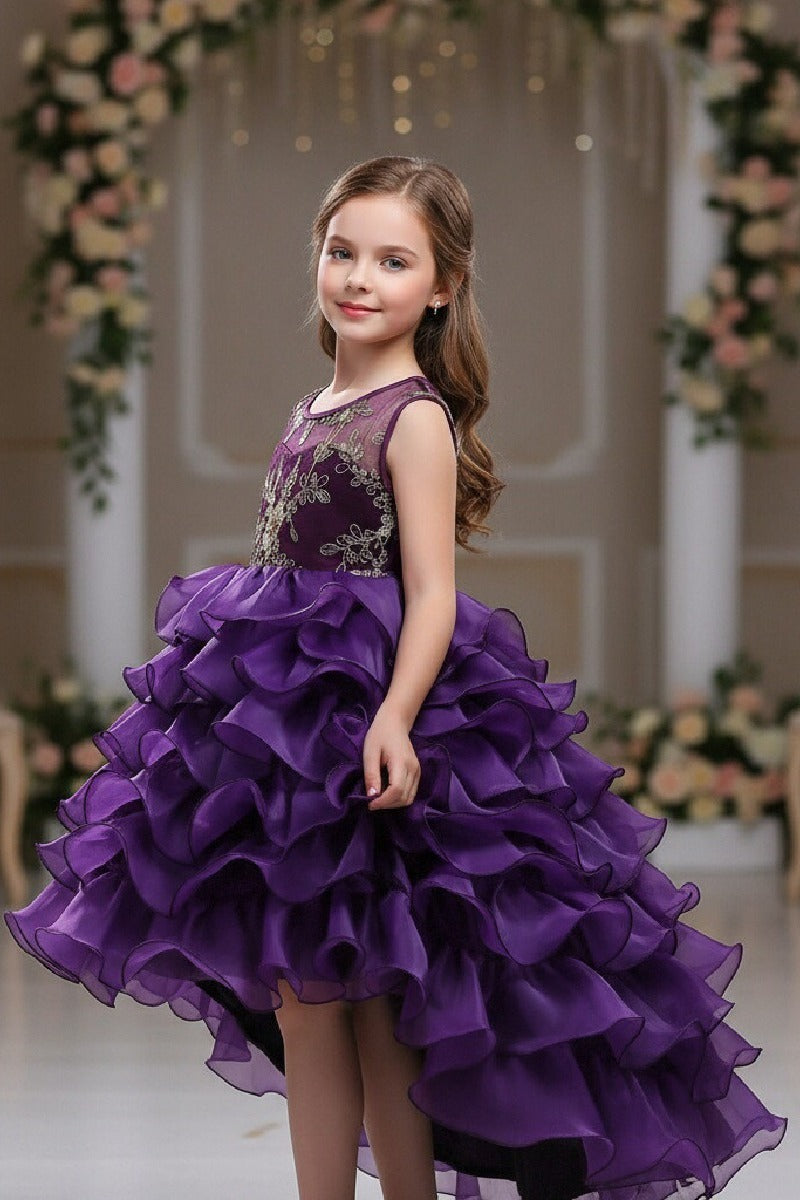 Ball Gown Illusion Round Neck Sleeveless Ruffled Organza Hi-Low Front Short Back Long Flower Girl Dresses 1029091411303