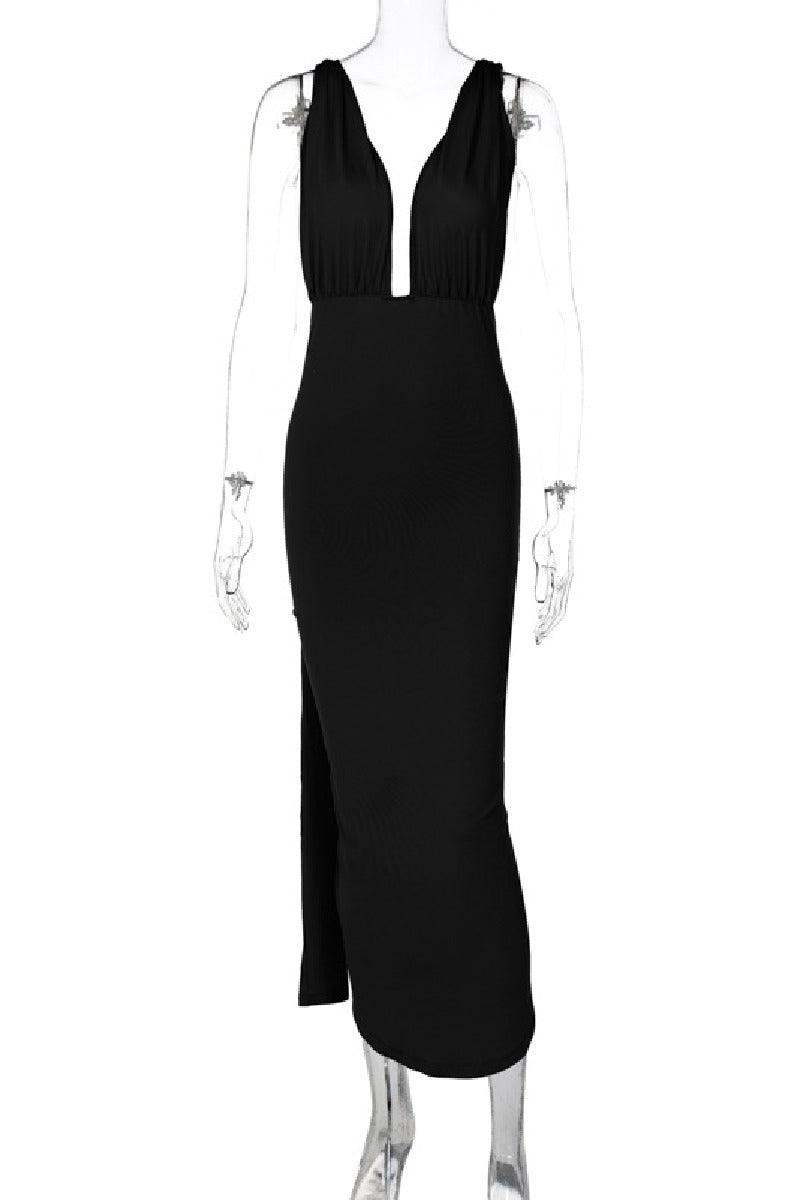 Stylish sexy deep V backless pleated split cocktail dress 712467099025 - COCOMELODY