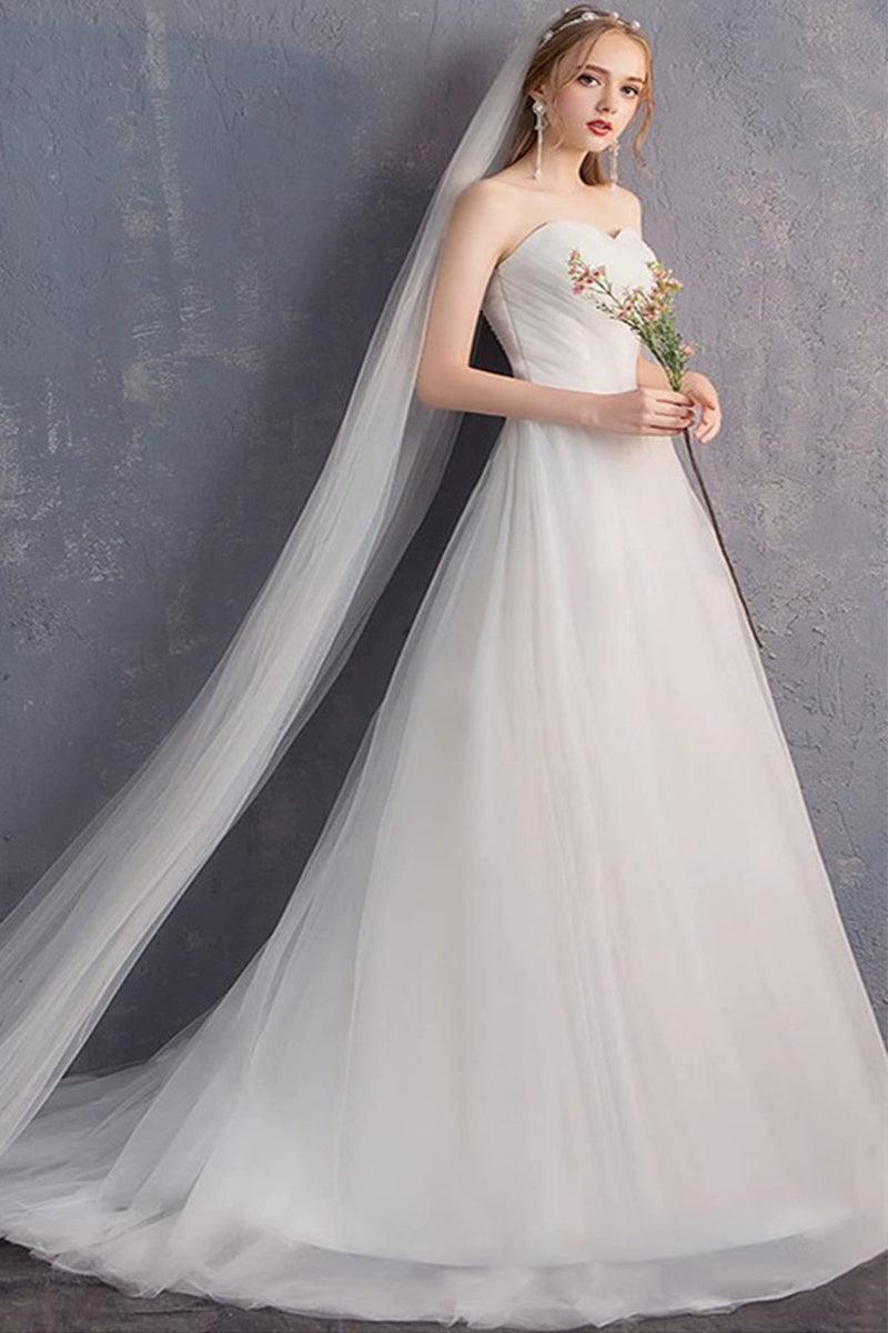 A-Line Sweep-Brush Train Tulle Wedding Dress 862474999321 - COCOMELODY