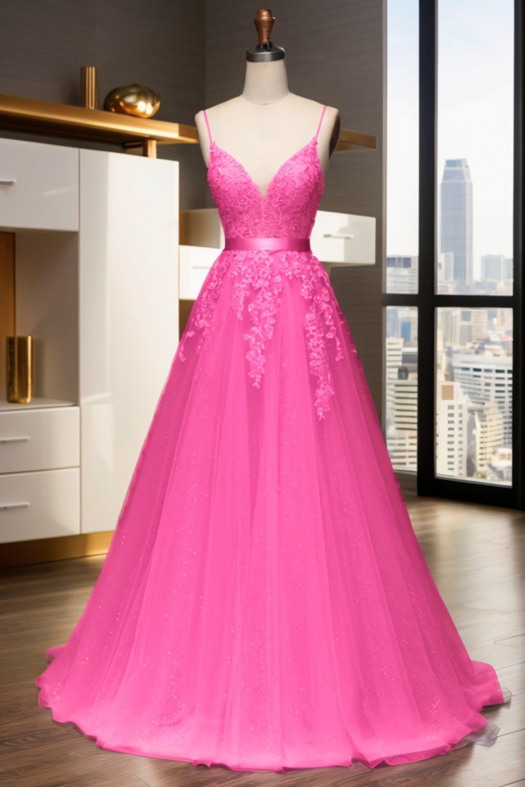 A-Line Sweep-Brush Train Tulle Prom Dress CS0464 - COCOMELODY