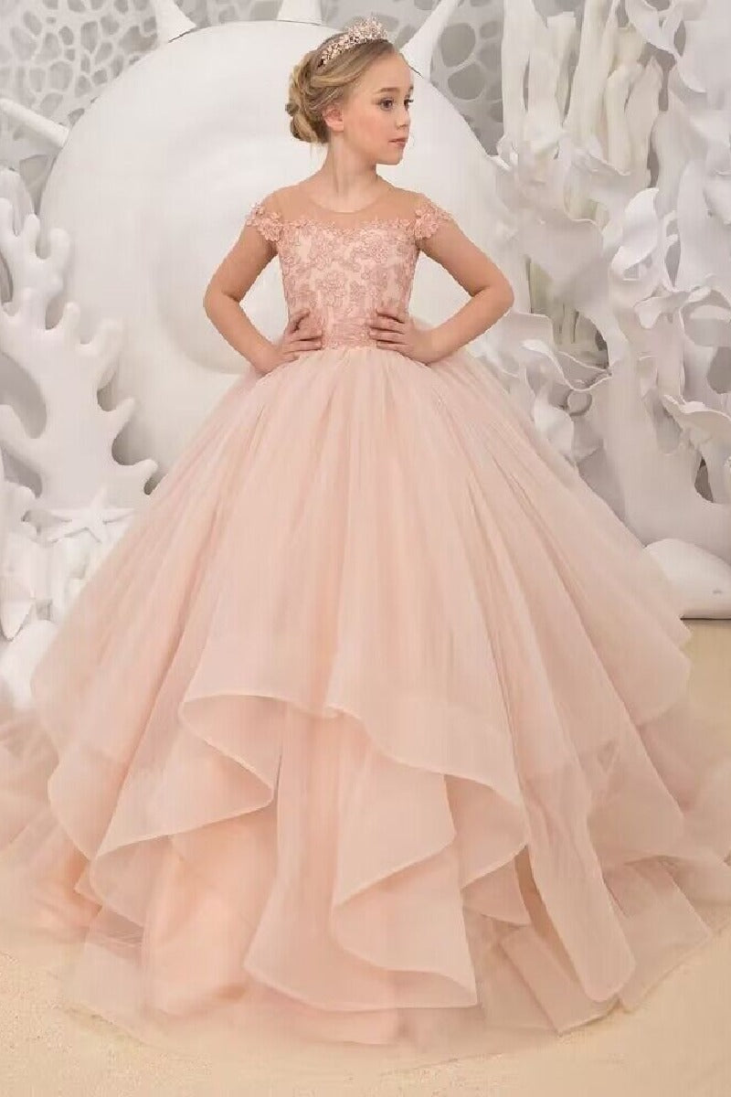 A-Line Illusion Cap Sleeve Ruffle Tulle Sweep-Brush Train Flower Girl Dresses 709465104920