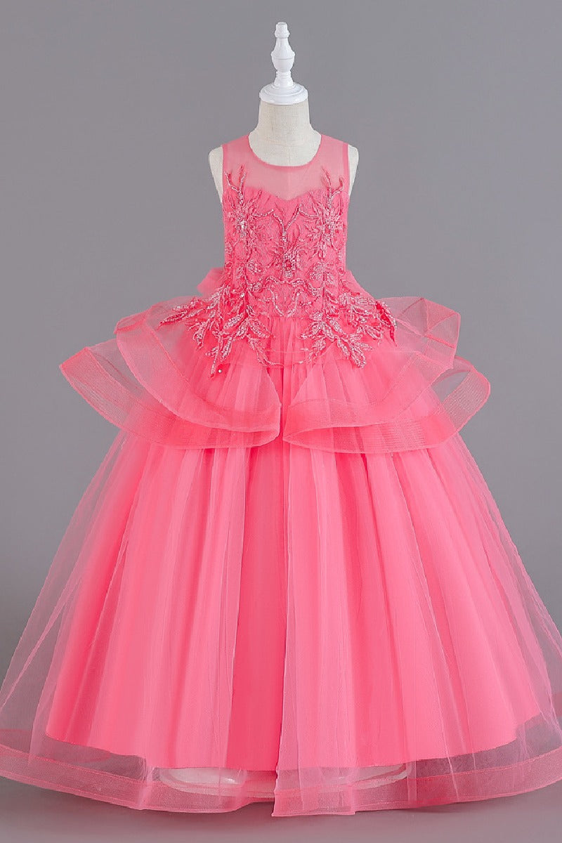 A-Line Illusion Neck Floor Length Tulle Organza Flower Girl Dresses 1062135888325
