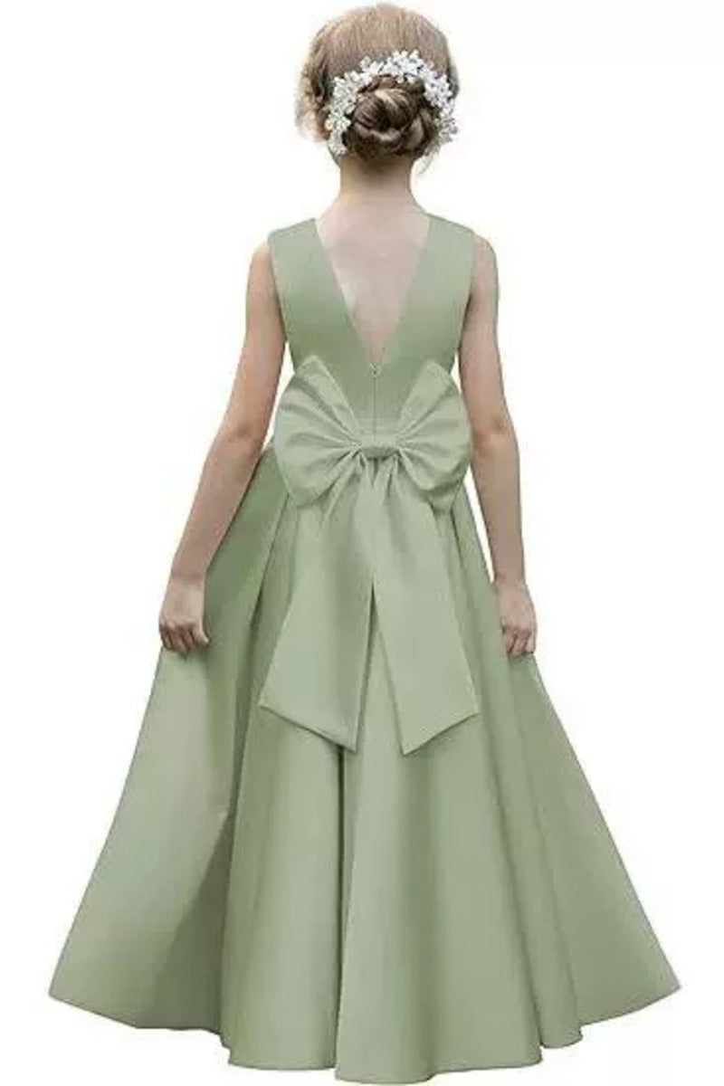 Elegant Satin Pearl Waist Pleated Skirt Bow Back Flower Girl Dresses 807252665221
