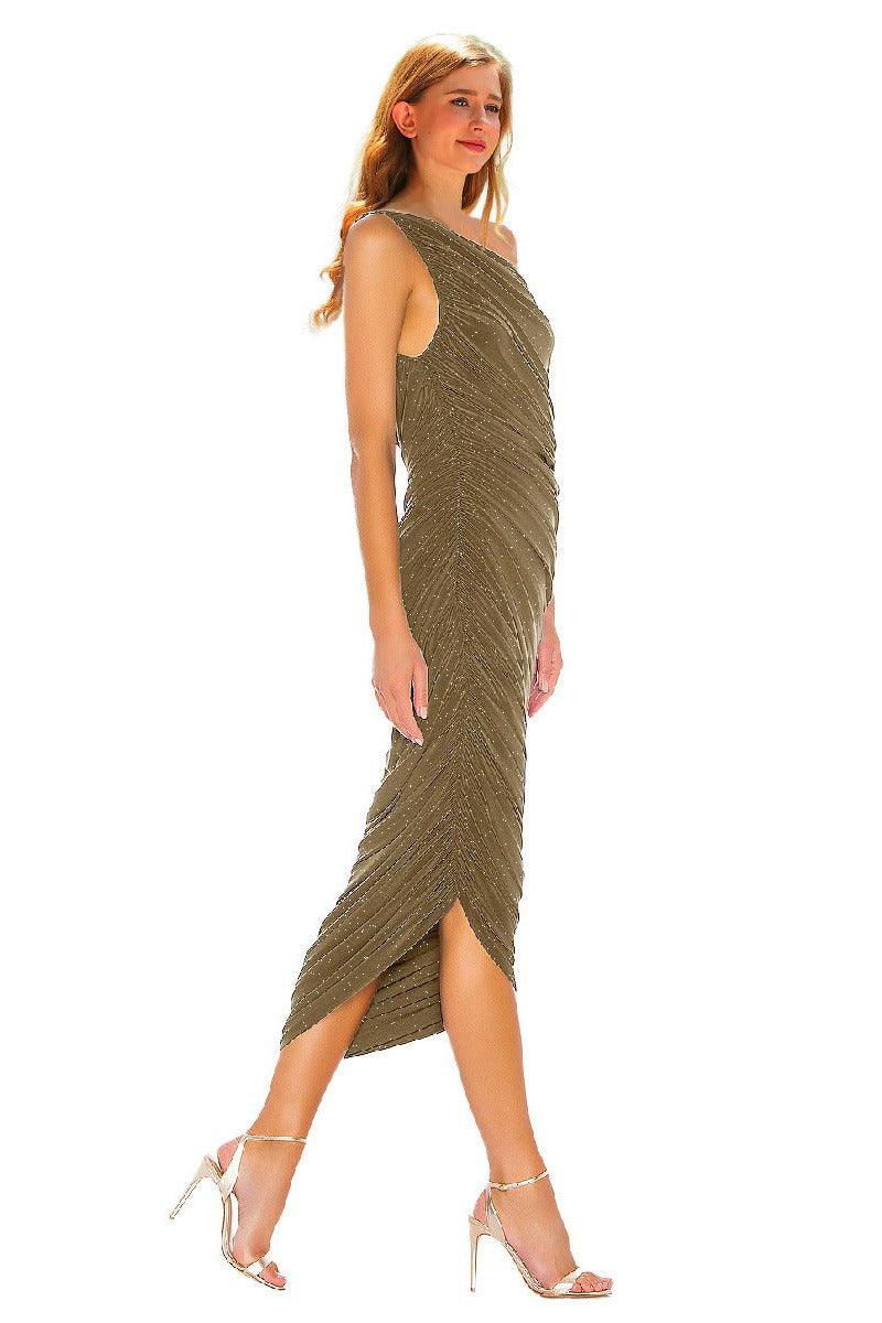 Silver wire pleated oblique shoulder cocktail dress 752479154321 - COCOMELODY
