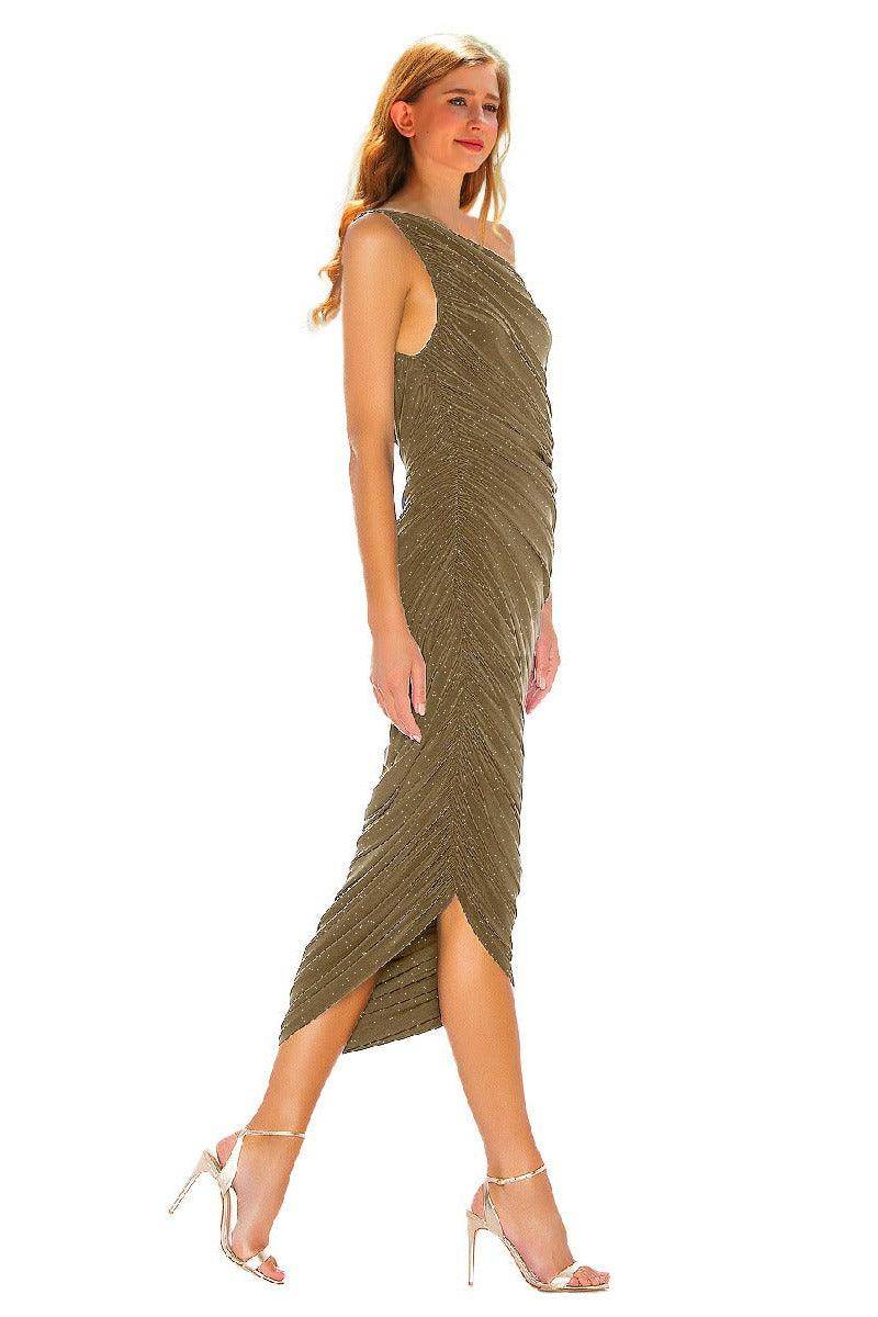 Silver wire pleated oblique shoulder cocktail dress 752479154321 - COCOMELODY
