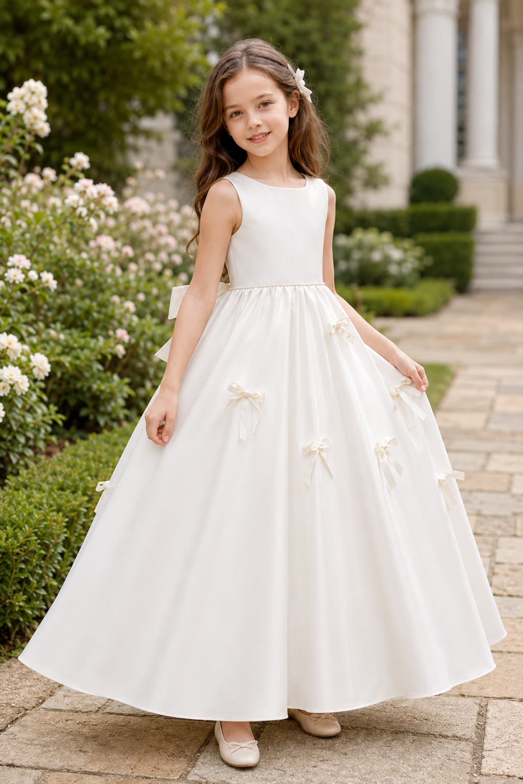 V-Back Bow Pearl Waist Scattered Bows Satin Flower Girl Dresses 1017327895779