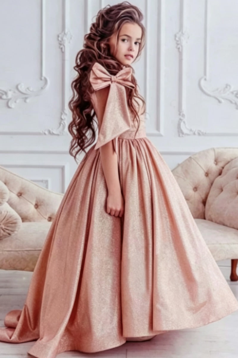 A-Line Off-Shoulder Glitter Satin Bow Shoulder Flower Girl Dresses 692491041797