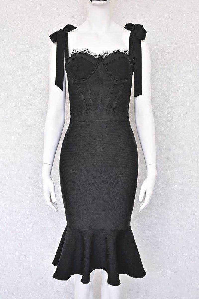 Bow lace bandage dress fish tail wrap hip cocktail dress 829406663889 - COCOMELODY