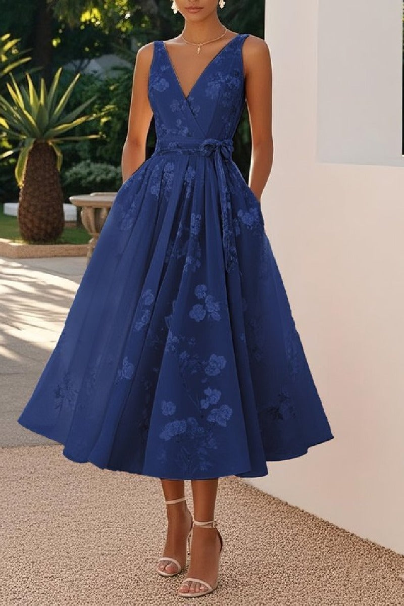 A-Line Tea Length Lace Wedding Guest Dress 936977177647