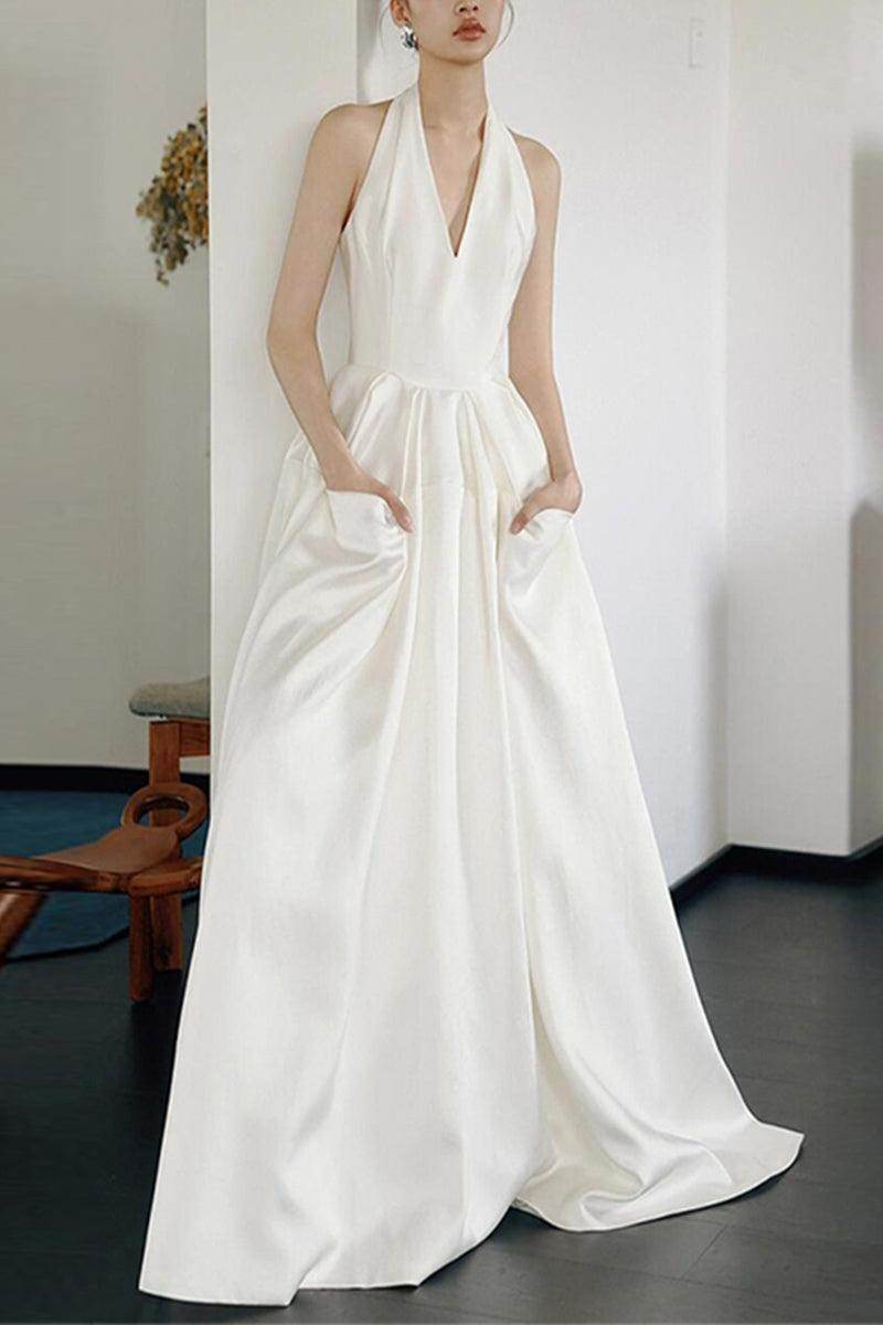 A-Line Sweep-Brush Train Satin Wedding Dress 810370913481 - COCOMELODY