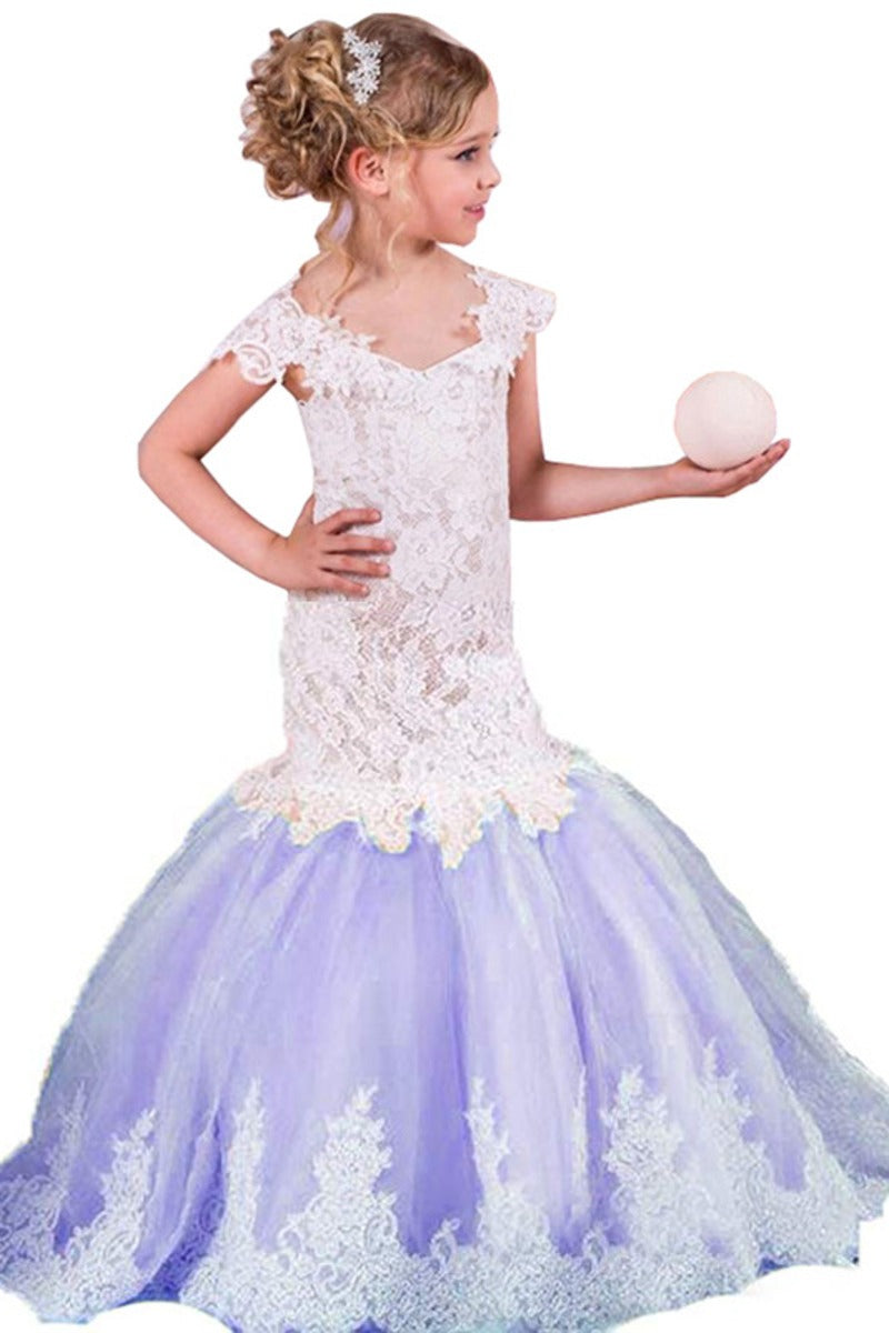 Lace Mermaid Trumpet V-Neck Tulle Flower Girl Dresses 618222534813