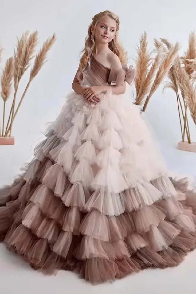 A-Line Asymmetrical One Shoulder Tiered Tulle Sweep-Brush Train Flower Girl Dresses 779839145372