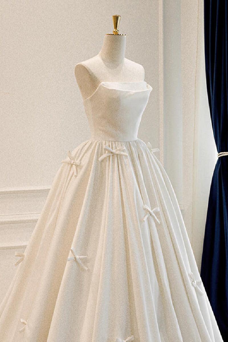 A-Line Sweep-Brush Train Satin Wedding Dress 819306631963 - COCOMELODY
