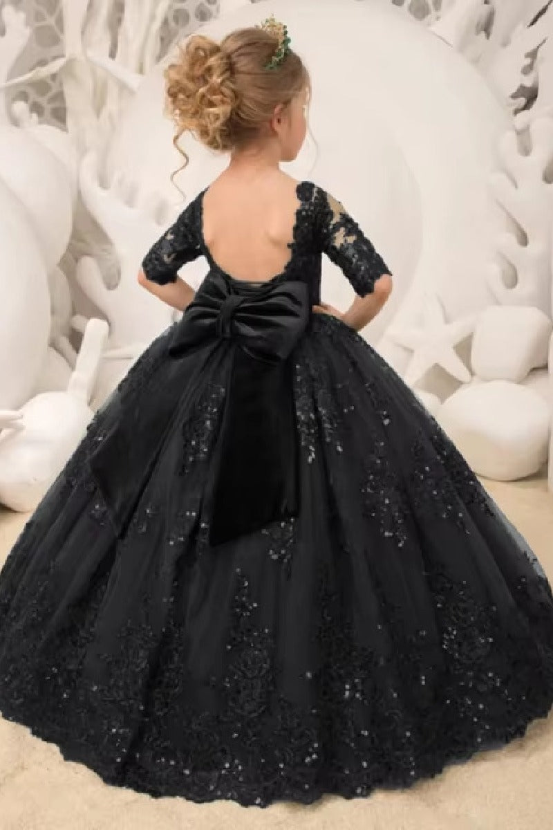 A-Line Illusion Half Sleeve Floor Length Flower Girl Dresses 639993621131