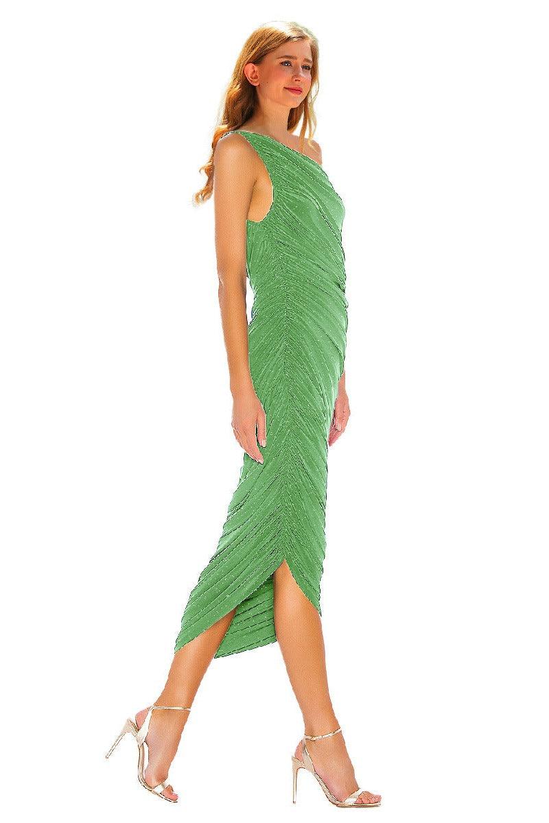Silver wire pleated oblique shoulder cocktail dress 752479154321 - COCOMELODY