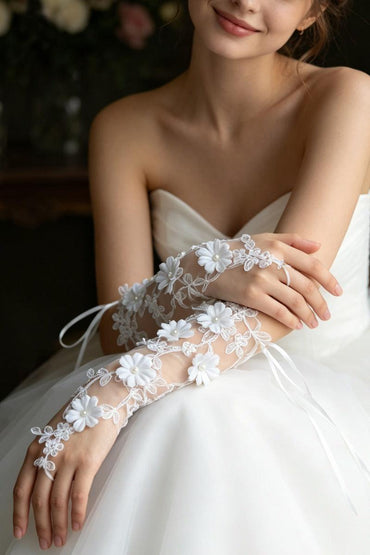 Floral Lace Fingerless Pearl Wedding Gloves 1070895243014 - 7 Days / Ivory - COCOMELODY