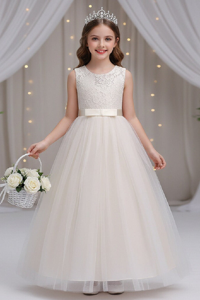 A-Line Round Neck Sleeveless Floral Lace Floor Length Tulle Flower Girl Dresses 1030687853202